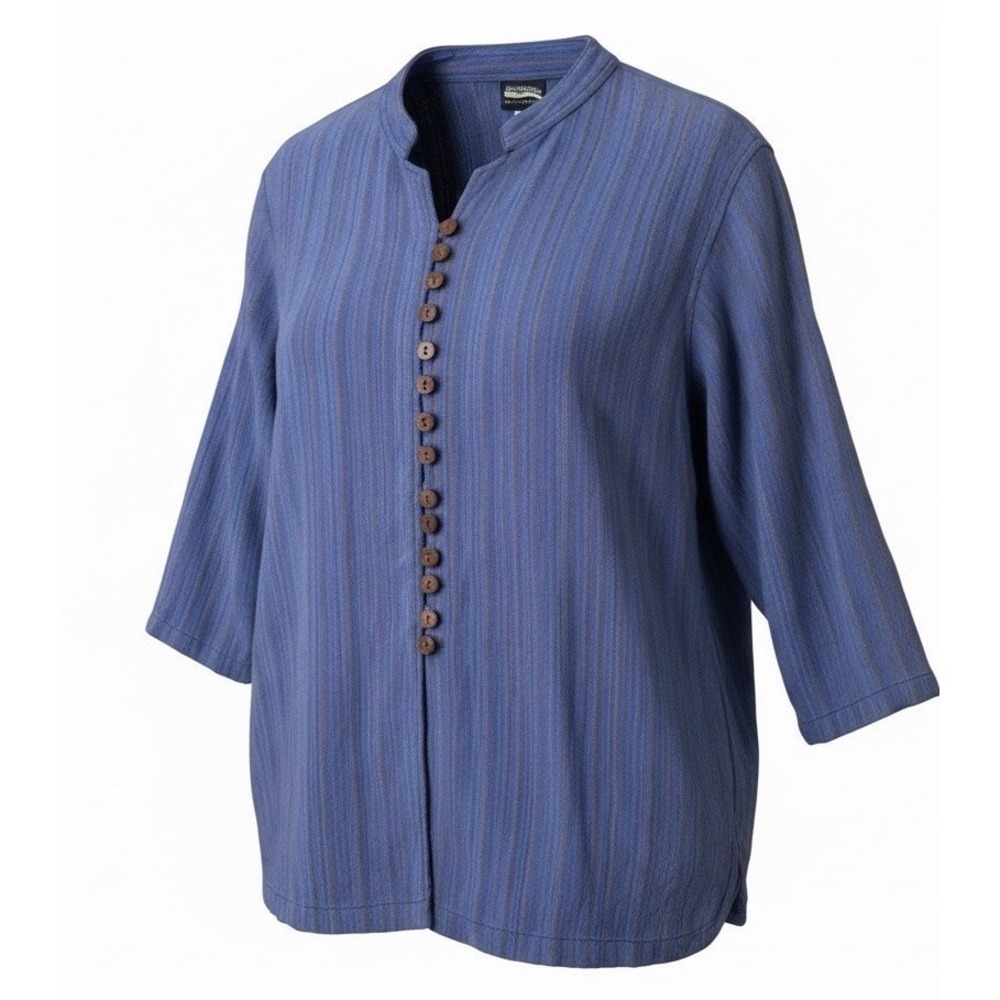 Ganesh Himal Purple Striped Tunic Large Hand Woven Nepal Linen/Cotton Button Up